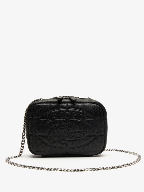 

Lacoste Black Croco Crew Quilted Leather Zippered Shoulder Bag