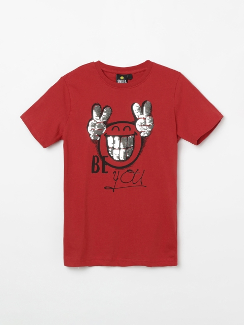 

Smiley World Boys Red Printed Round Neck T-shirt