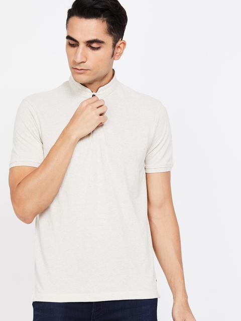 

CODE by Lifestyle Men Cream-Coloured Solid Mandarin Collar T-shirt