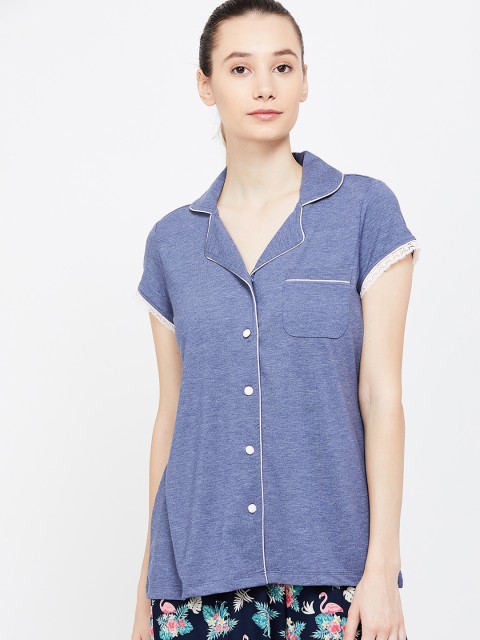

Ginger by Lifestyle Women Blue Regular Fit Solid Cuban Collar Lounge Shirt