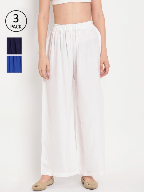 

TAG 7 Women Pack of 3 Solid Flared Palazzos, White