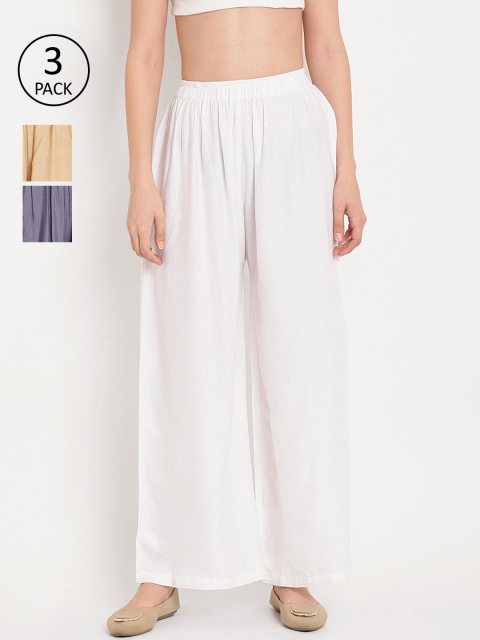 

TAG 7 Women Pack of 3 Solid Flared Palazzos, White