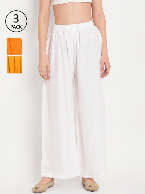 

TAG 7 Women Pack of 3 Solid Flared Palazzos, White