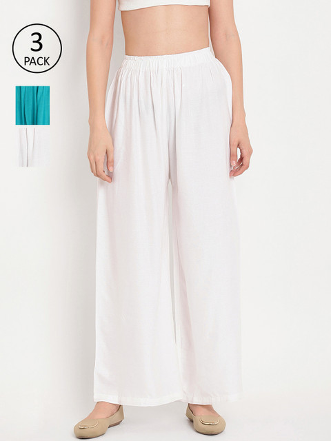 

TAG 7 Women Pack of 3 Solid Flared Palazzos, White