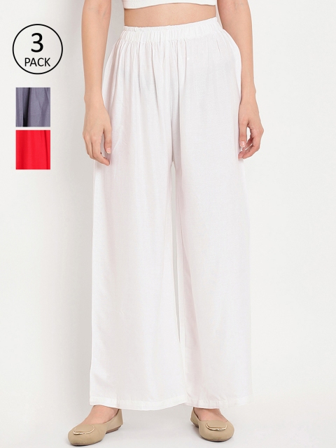 

TAG 7 Women Pack of 3 Solid Flared Palazzos, White