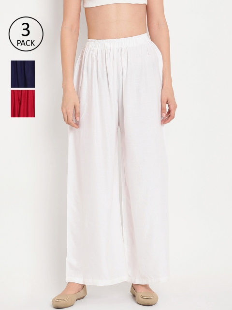 

TAG 7 Women Pack of 3 Solid Flared Palazzos, White