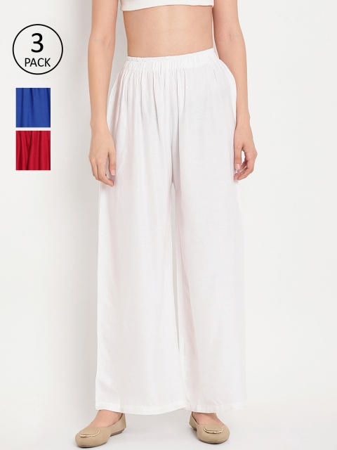 

TAG 7 Women Pack of 3 Solid Flared Palazzos, White