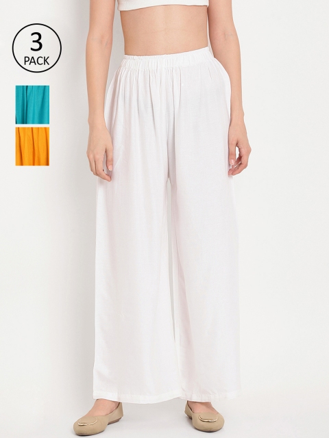 

TAG 7 Women Pack of 3 Solid Flared Palazzos, White