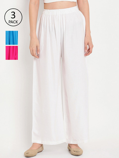 

TAG 7 Women Pack of 3 Solid Flared Palazzos, White