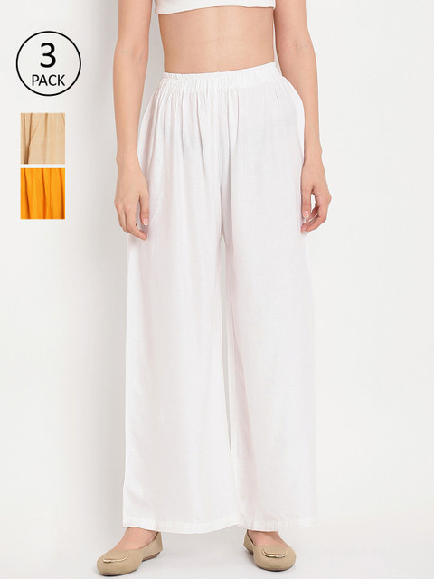 

TAG 7 Women Pack of 3 Solid Flared Palazzos, White