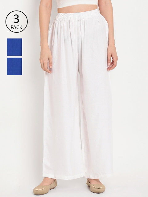 

TAG 7 Women Pack of 3 Solid Flared Palazzos, White