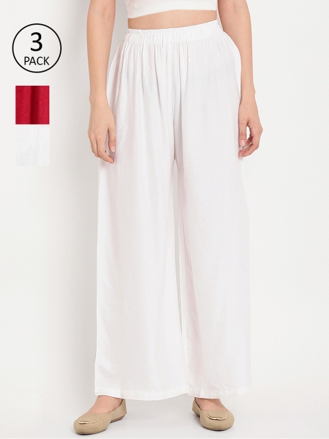

TAG 7 Women Pack of 3 Solid Flared Palazzos, White
