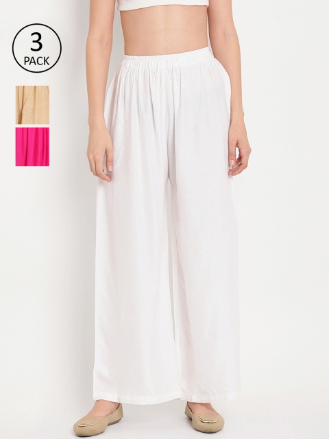 

TAG 7 Women Pack Of 3 Solid Wide Leg Palazzos, White
