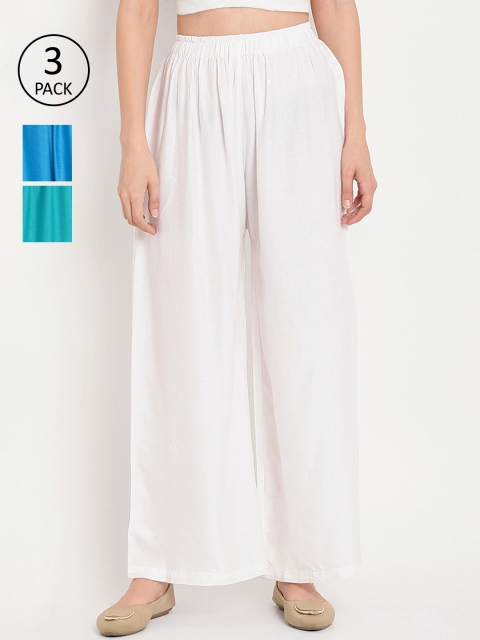 

TAG 7 Women Pack Of 3 Solid Straight Palazzos, White