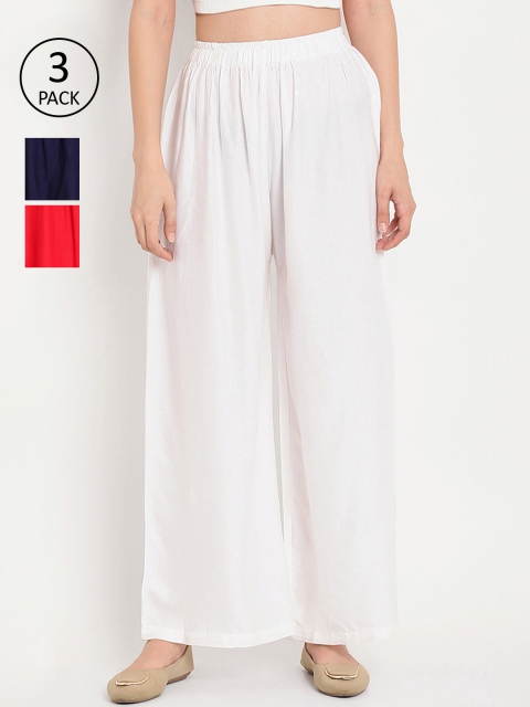 

TAG 7 Women Pack of 3 Solid Flared Palazzos, White