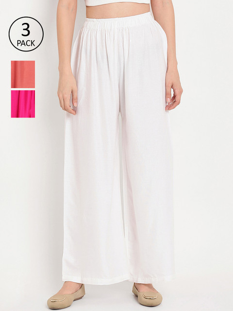 

TAG 7 Women Pack Of 3 Solid Flared Palazzos, White