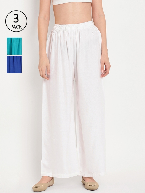 

TAG 7 Women Pack Of 3 Solid Flared Palazzos, White