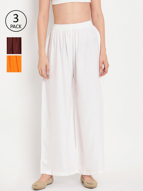 

TAG 7 Women Pack Of 3 Solid Flared Palazzos, White