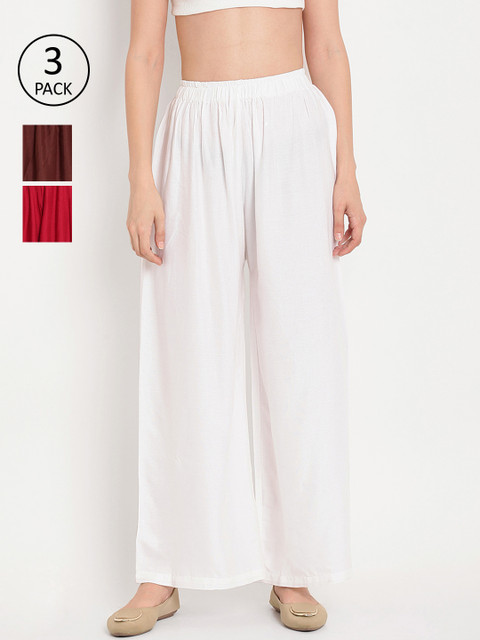 

TAG 7 Women Pack of 3 Solid Flared Palazzos, White