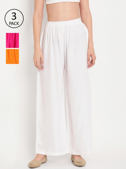 

TAG 7 Women Pack of 3 Solid Flared Palazzos, White