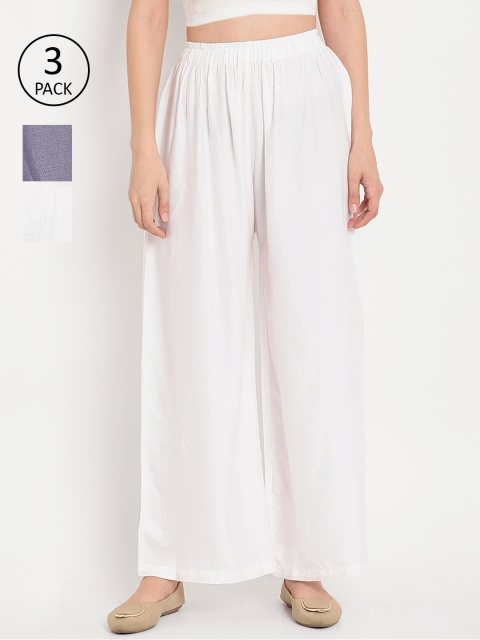 

TAG 7 Women Pack of 3 Solid Flared Palazzos, White