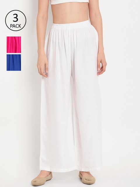 

TAG 7 Women Pack Of 3 Solid Straight Palazzos, White