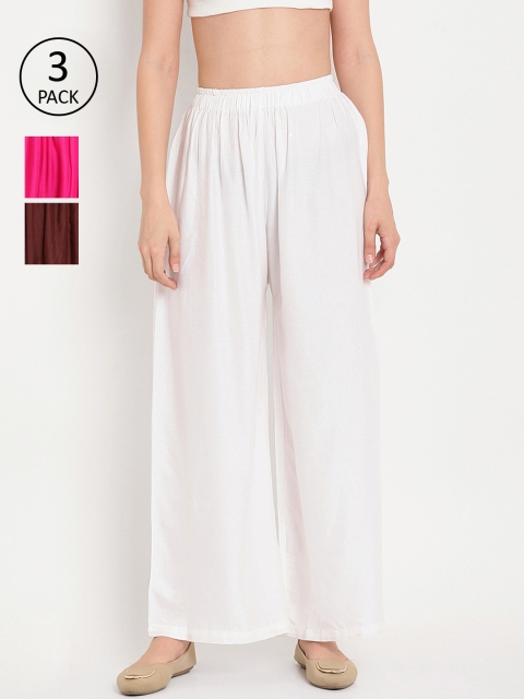 

TAG 7 Women Pack of 3 Solid Flared Palazzos, White