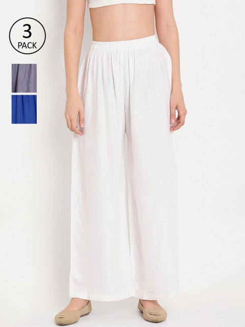 

TAG 7 Women Pack of 3 Multicoloured Solid Wide Leg Palazzos, White