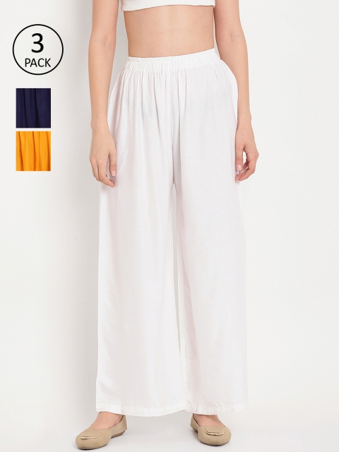 

TAG 7 Women Pack Of 3 Solid Flared Palazzos, White