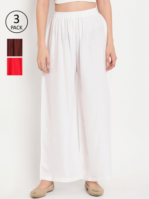 

TAG 7 Women Pack Of 3 Solid Flared Palazzos, White
