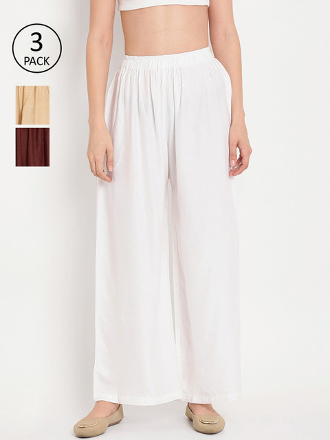 

TAG 7 Women Pack of 3 Solid Wide Leg Palazzos, White