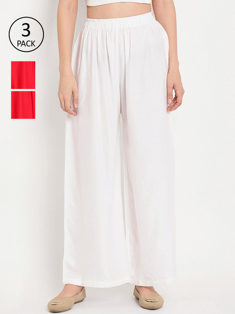 

TAG 7 Women Pack of 3 Solid Flared Palazzos, White