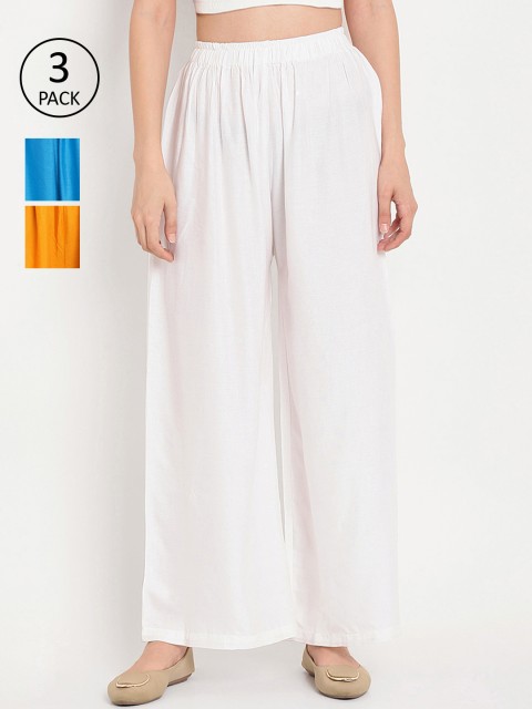 

TAG 7 Women Pack of 3 Solid Flared Palazzos, White