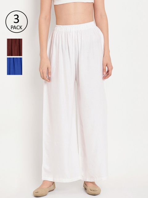

TAG 7 Women Pack Of 3 Solid Wide Leg Palazzos, White