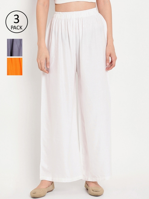 

TAG 7 Women Pack Of 3 Solid Straight Palazzos, White