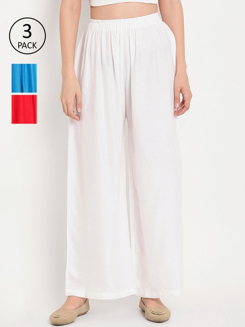 

TAG 7 Women Pack of 3 Solid Flared Palazzos, White