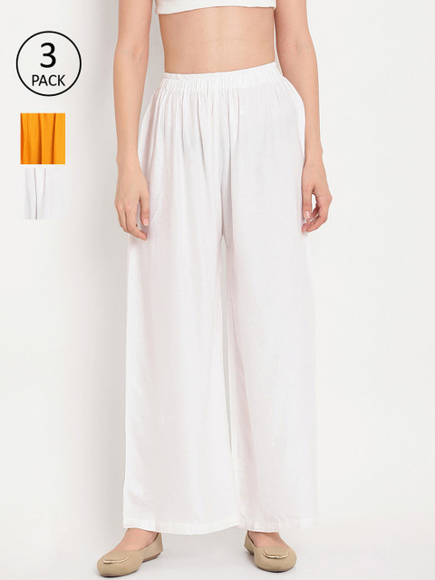 

TAG 7 Women Pack of 3 White & Mustard Yellow Solid Wide Leg Palazzos