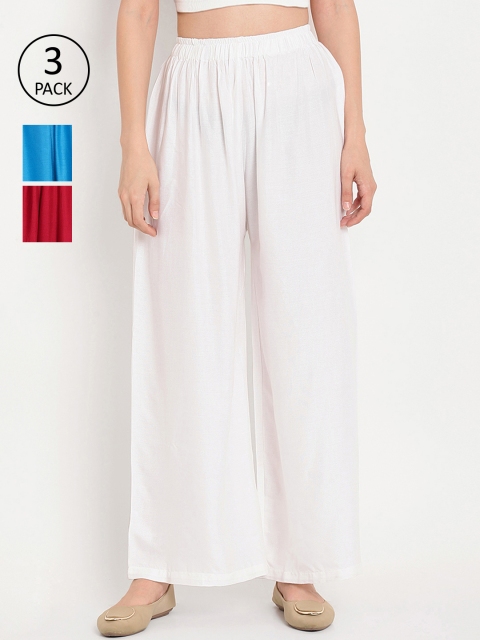 

TAG 7 Women Pack Of 3 Solid Flared Palazzos, White