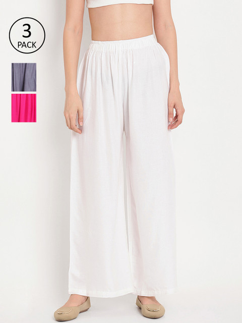 

TAG 7 Women Pack Of 3 Solid Flared Palazzos, White