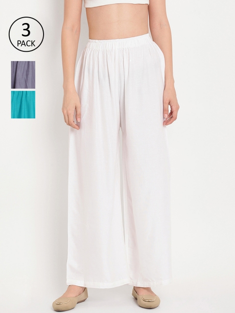 

TAG 7 Women Pack of 3 Solid Wide Leg Palazzos, White