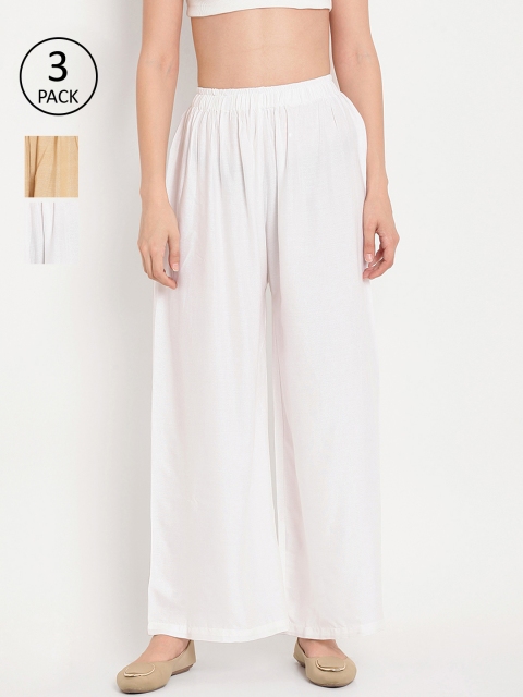 

TAG 7 Women White & Beige Pack Of 3 Solid Flared Palazzos