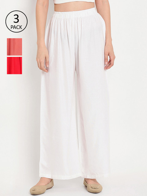 

TAG 7 Women Pack of 3 Solid Wide Leg Palazzos, White