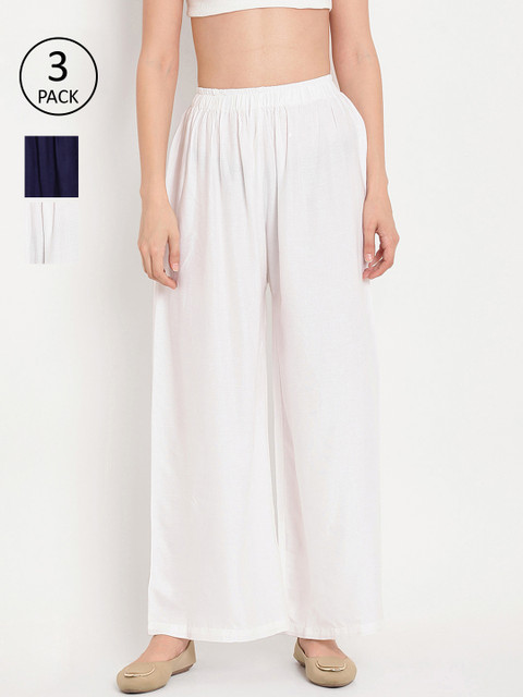 

TAG 7 Women Pack of 3 Solid Flared Palazzos, White