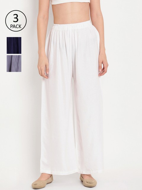 

TAG 7 Women Pack of 3 Solid Flared Palazzos, White