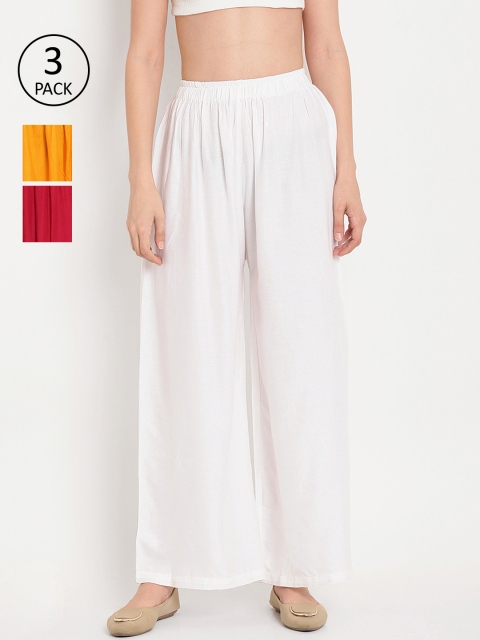

TAG 7 Women Pack Of 3 Solid Flared Palazzos, White