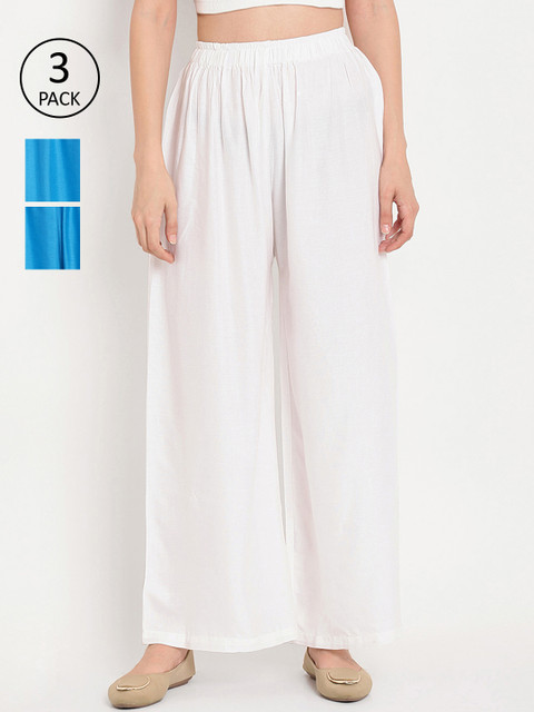 

TAG 7 Women Pack of 3 Solid Wide Leg Palazzos, White