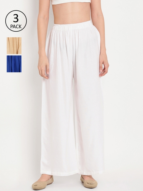 

TAG 7 Women Pack of 3 Solid Flared Palazzos, White