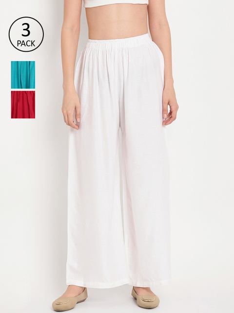 

TAG 7 Women Set Of 3 Solid Wide Leg Palazzos, White