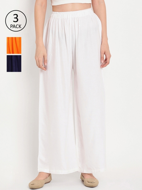 

TAG 7 Women Pack of 3 Solid Flared Palazzos, White
