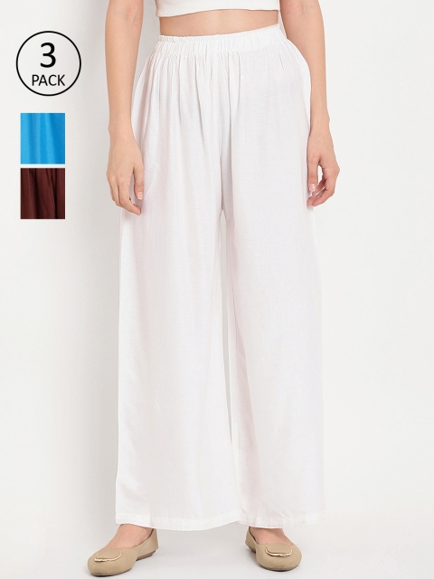 

TAG 7 Women Pack of 3 Solid Flared Palazzos, White
